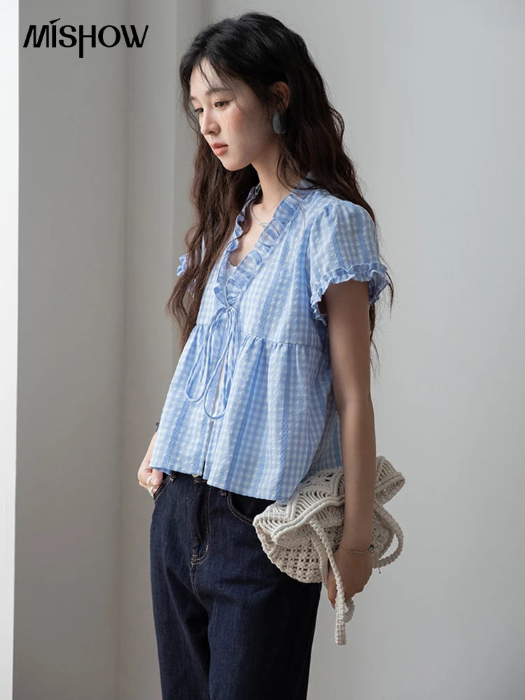 MISHOW Women's Plaid Blue Fake Two Piece Blouse 2025 Summer Fashion Puff Sleeve V-neck Lace Up Top Female Clothing MXE37X1901