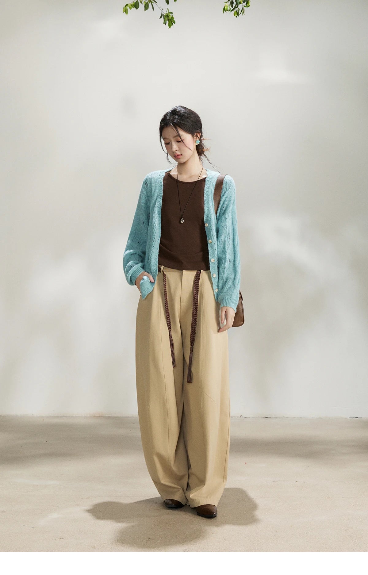 MISHOW Women's Blue Hollow Out Knit Cardigan 2026 Spring V Neck Wool Blend Tops Single Breasted Casual Thin Sweater MXF13Z2975