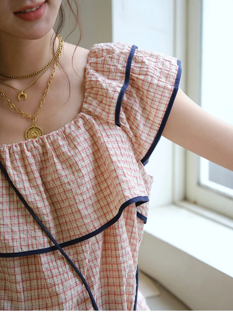 MISHOW Two-Piece Ladies Set Square Neck Ruffles Plaid Blouse High Waist Slim Wide Leg Casual Pants Set 2025 Summer MXE36T0636