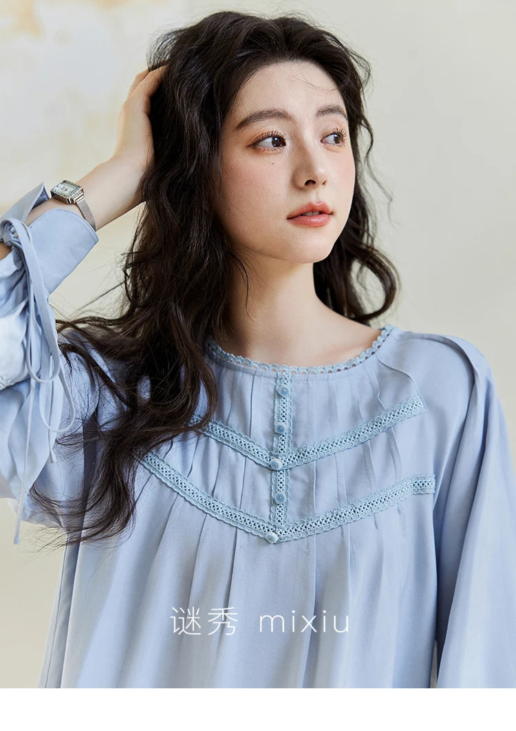 MISHOW Blue Lace Patchwork Shirt for Women 2025 Spring Sleeve Lace-up Hem Wave Edge Top Lantern Sleeve Loose Shirt MXE14X1716