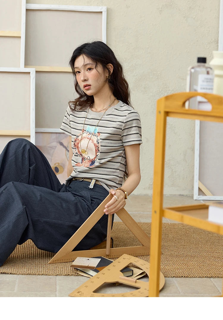 MISHOW Striped Cartoon Pufferfish Printed T-shirt for Women Summer 2025 Slim Shoulders Cotton Tees Short Sleeved Top MXE32T0538