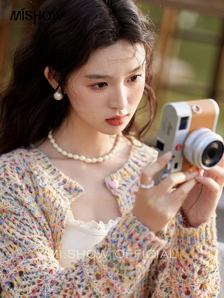 MISHOW Women's Sweet Woven Hollow Knitted Cardigan 2025 Spring Rainbow Button Single Breasted Top O-neck Cardigan MXE13Z1110