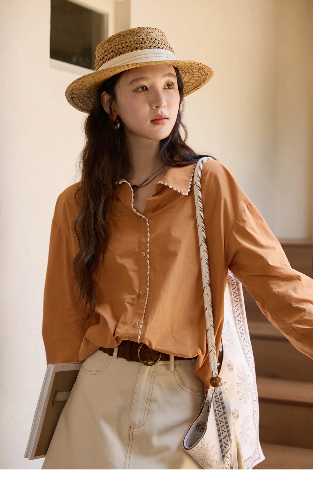 MISHOW Women's 100% Cotton Shirt 2025 Autumn Korean Lapel V-neck Single Breasted Tops Lace Trim Shirts Office Lady MXE43C2377