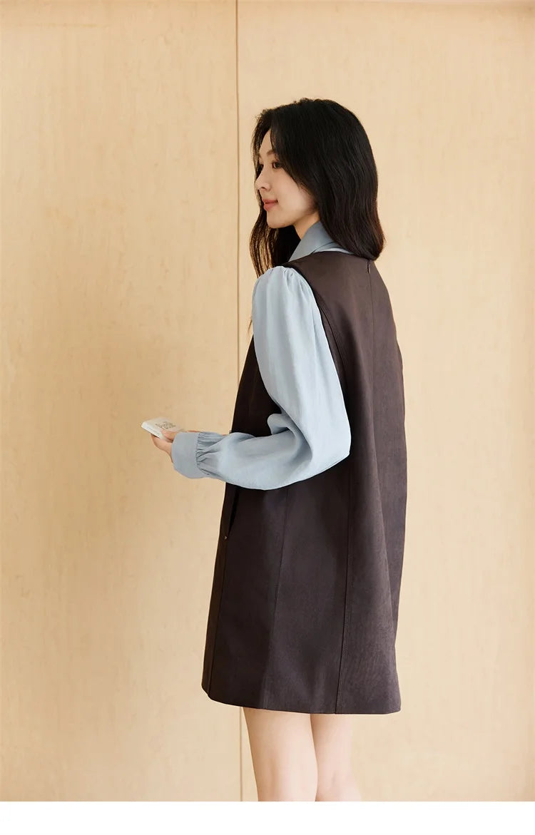 MISHOW Woman Two-piece Set 2025 Autumn College Style Light Blue Shirt Dark Brown Vest Skirt Suit Woman Clothes MXE47T1408