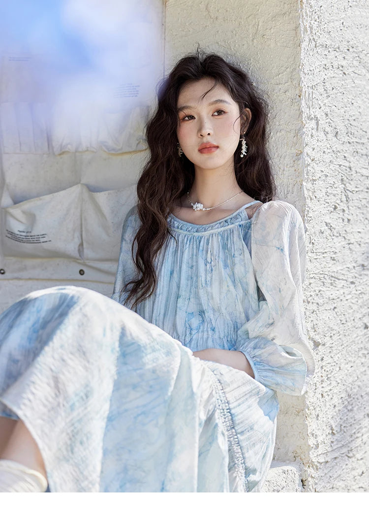 MISHOW Printed Blue Blending Chiffon Vacation Dress Spring 2025 Drawstring Waist Long Dress Lantern Sleeve Dresses MXE16L2114