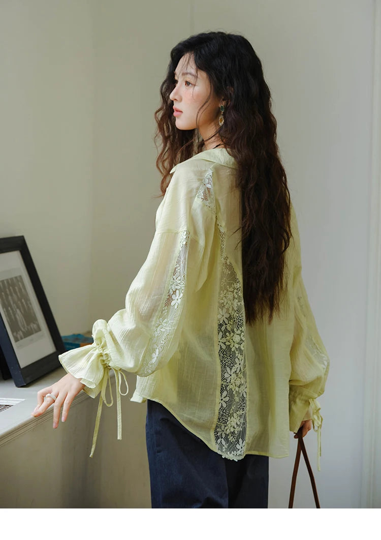 MISHOW Blend Patchwork Lace Cool Shirt Female Autumn 2025 Korean Loose Lapel Drop Sleeve Shirts Drawstring Cuffs Top MXE31C0789