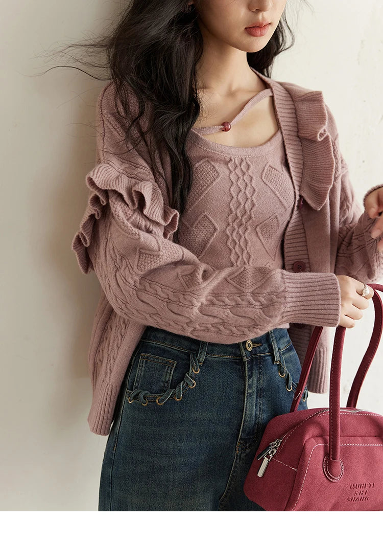 MISHOW Pink Knitwear Camisole Cardigan Separately 2024 Fall Fashion Sweet Knitted Vest Asymmetric Flounce Sweaters MXD45Z0781