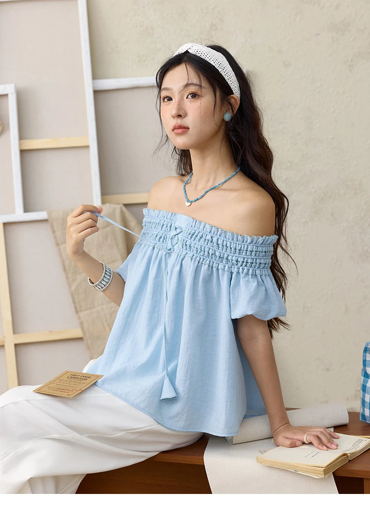 MISHOW Mist Blue One Shoulder Blouse Summer 2025 Elastic Pleated Flower Bud Sleeves Doll Blouses Cotton Blend Top MXE34X1796