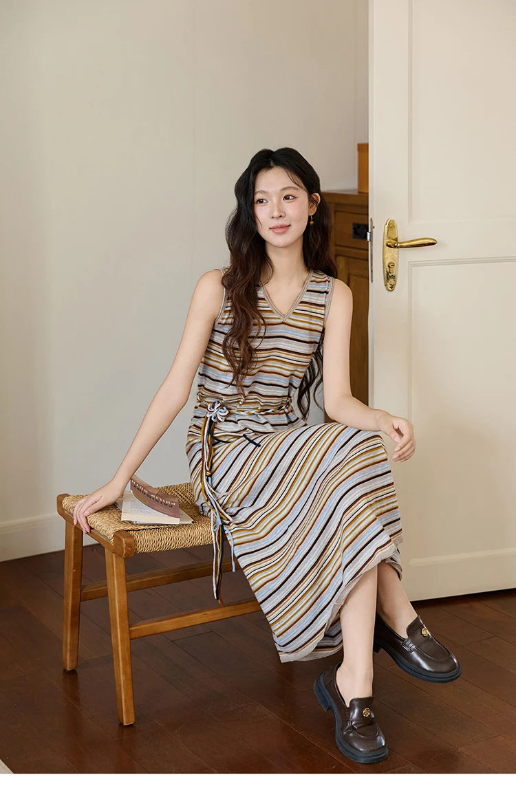 MISHOW Women's Striped V-neck Dress Autumn 2025 Loose Sleeveless Core Spun Yarn Dresses Tied Waist Casual Long Dress MXE46L2521