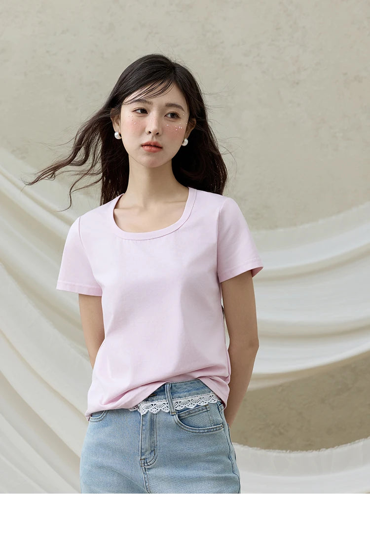 MISHOW Solid Casual T-shirts Women Summer 2025 New Square Neck Short Sleeve Shirt Female Fashion Straight Tops Woman MXE15T0483