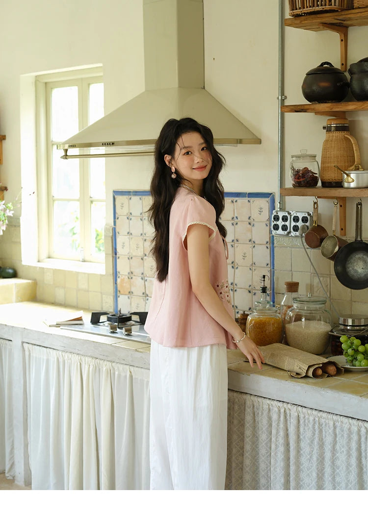 MISHOW Fashion Embroidery Flower Blouses for Woman 2025 Summer O-Neck Lace Up Flying Sleeve Lace Spliced Loose Top MXE39X1880