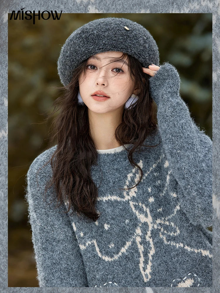 MISHOW Butterfly Knitted Sweater Wool Soft Warm O-Neck Pullovers Women Color Clash Vintage Sweets Versatile Tops MXD57Z1016