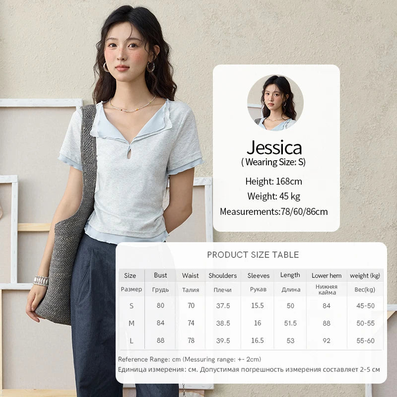 MISHOW Grey Blue Fake Two Piece Contrasting T-shirt for Women Summer 2025 Lapel Wavy Edge Slim Tees Cotton Blend Top MXE35T0567