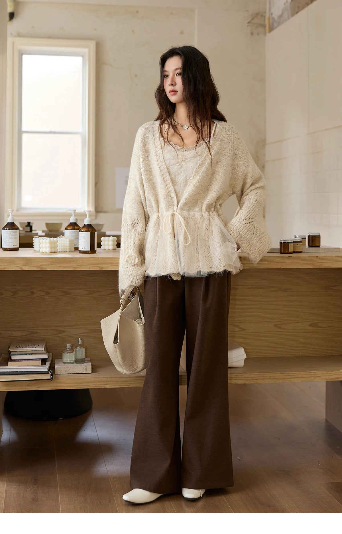 MISHOW Apricot Mesh Stitching Knit Cardigan for Woman Fashion Drawstring Waist Three-dimensional Flower Loose Sweater MXE88Z2707