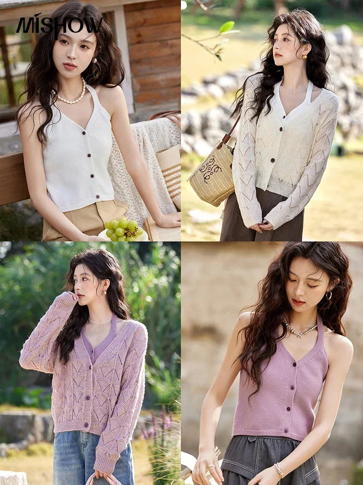 MISHOW French Knit Cardigan Women Separately 2025 Spring New Korean Casual Diamond Plaid Sweet V Neck Hollow Sweater MXE11Z1198