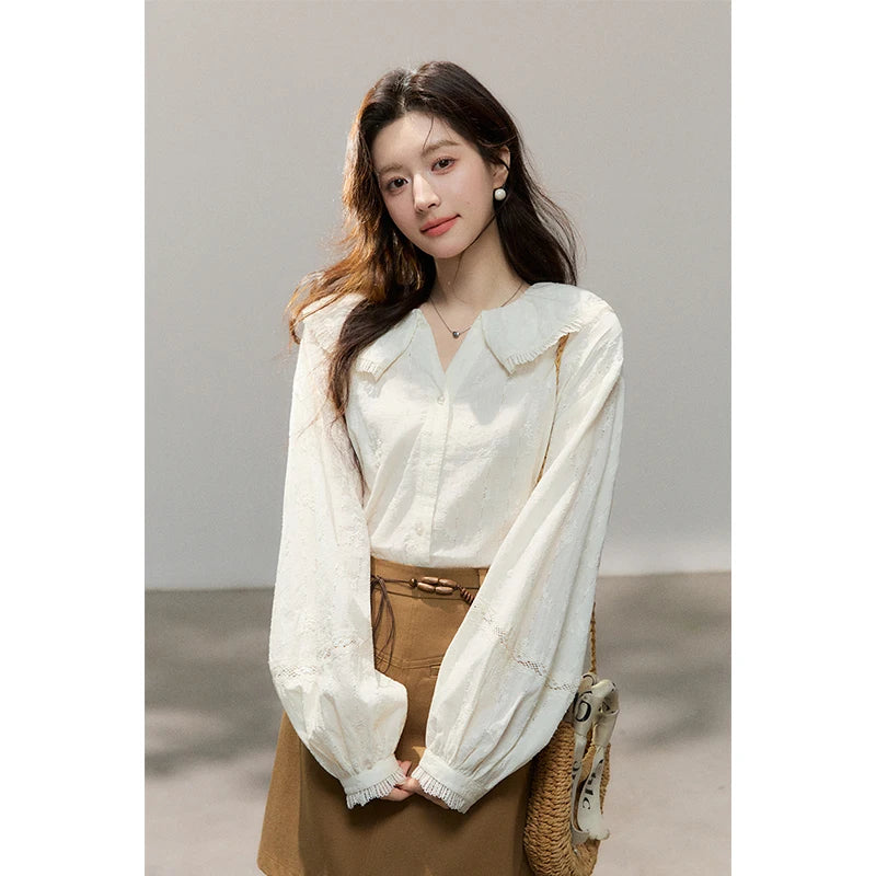 MISHOW Women's Beige Apricot Lace Shirts 2026 Spring Peter Pan Collar Micro Lantern Sleeves Top Casual Elegant Shirt MXF108C0813