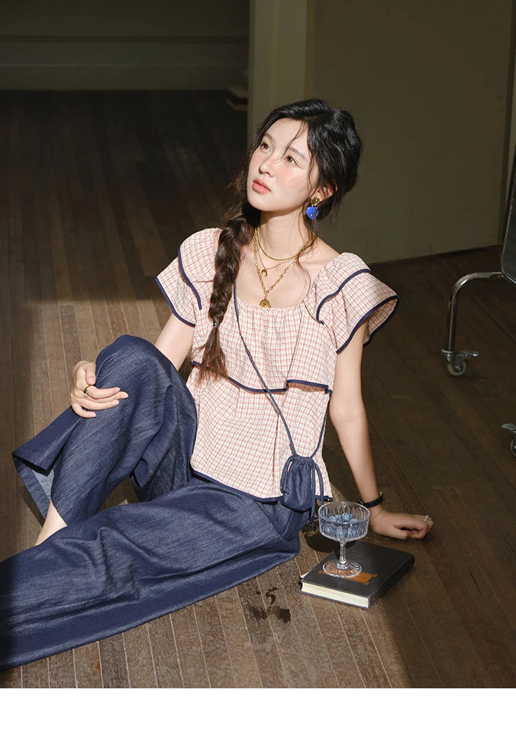 MISHOW Two-Piece Ladies Set Square Neck Ruffles Plaid Blouse High Waist Slim Wide Leg Casual Pants Set 2025 Summer MXE36T0636