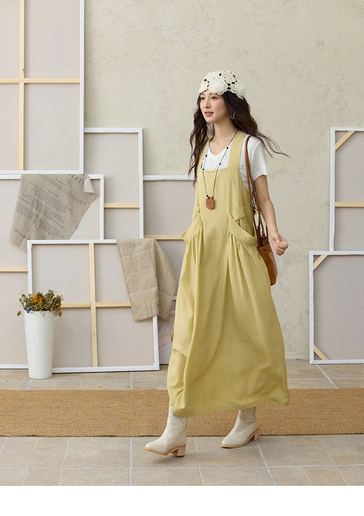 MISHOW Women's Cargo Large Pocket Strap Dress 2025 Summer Lemon-yellow Sleeveless Dress Retro Square Neck Loose Dress MXE35L2302