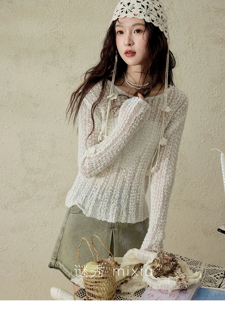 MISHOW Women 's Apricot White Hollow Knitted Sweater Spring 2025 Mohair Cover Drop Sleeve Top Strapless Slim Tube Top MXE12Z1120