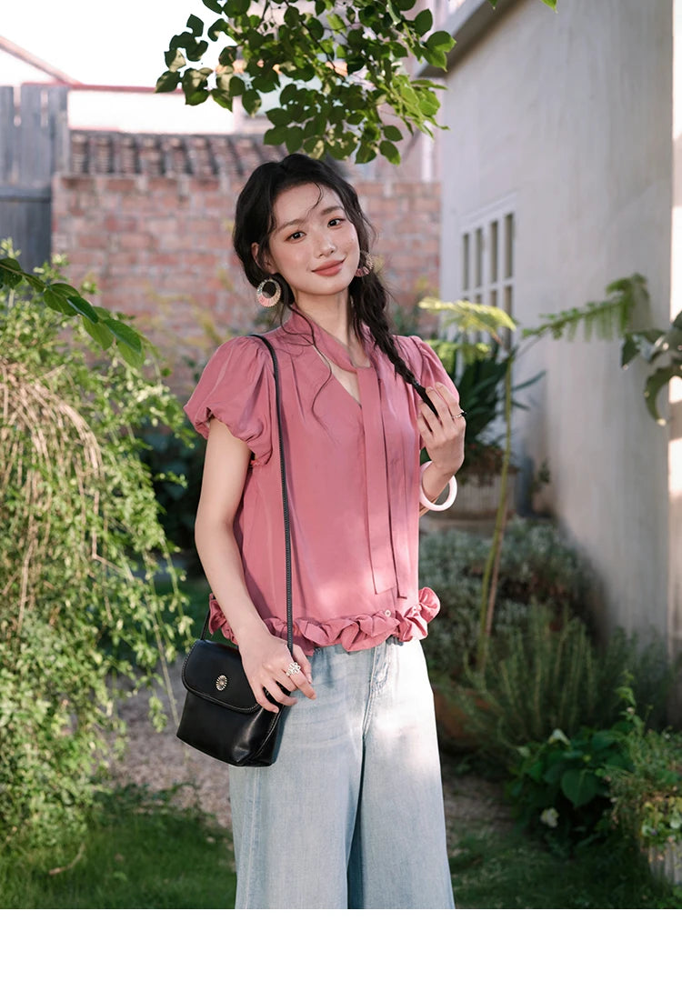 MISHOW Women's Summer V-neck Blouse 2025 New Fashion Puff Sleeve Lace Up Button Sweet Top Casual Female Clothing MXE38X1914