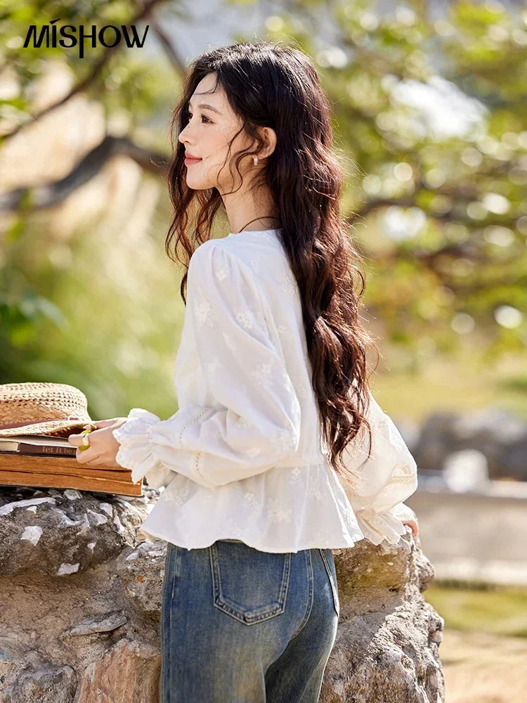 MISHOW Embroidered Blouse Women 2025 Spring New French Elegant Apricot Lace Premium Drawstring Design V Neck Tops MXE11X1708