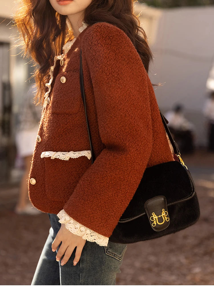 MISHOW Wool Coat for Women Winter Korean Retro Lace Splicing Lamb Wool Button Pockets Thickened Warm Female Coat MXB43W0720