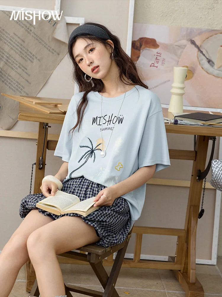 MISHOW Casual Print T-shirts Women 2025 Summer New Short Sleeve Round Neck Coconut Tree Pattern Shirt Woman Holiday MXE31T0516