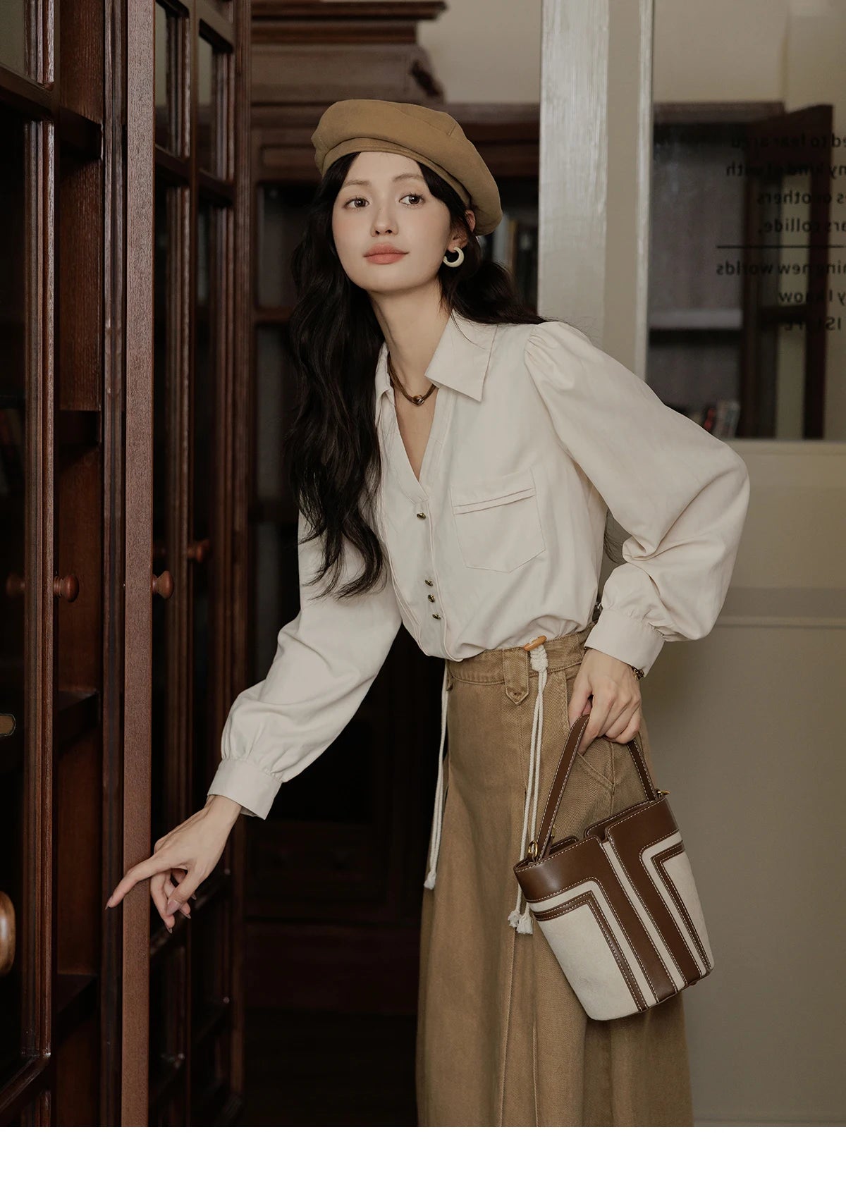 MISHOW Women's Long Sleeved Shirt 2024 Autumn French Minimalist Lapel V Neck Commuter Shirt Retro Button Office Lady MXD43C0306