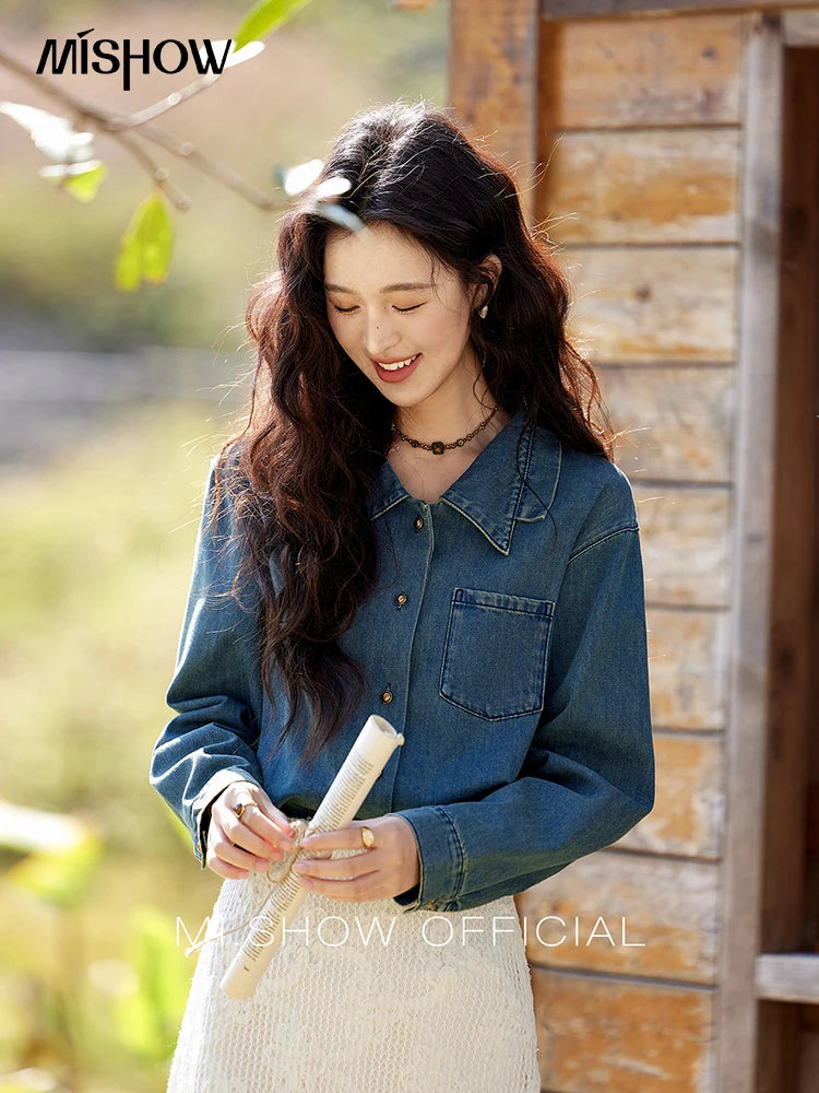 MISHOW Retro Washed Denim Shirt Spring 2025 Double Layered Patchwork Collar Shirt Metal Buckle Single Breasted Tops MXE12C0751