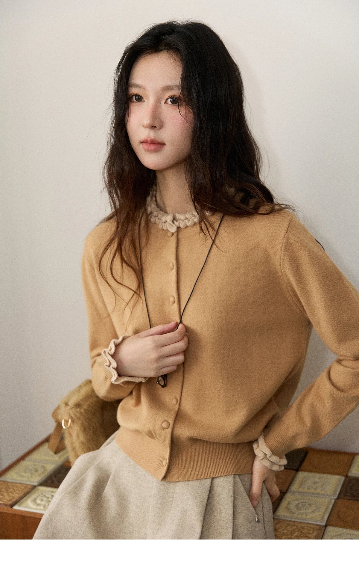 MISHOW Women Knit Cardigan Long Sleeve 2025 Winter Retro Ruffle O-neck Knitted Sweater Loose Casual Commute Khaki Top MXE91Z2749