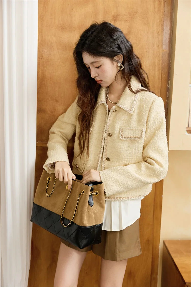 MISHOW Women's Fragrant Tweed Coat 2025 Autumn Retro Woven Short Top Metal button single breasted Lapel Commute Coats MXE46W0837