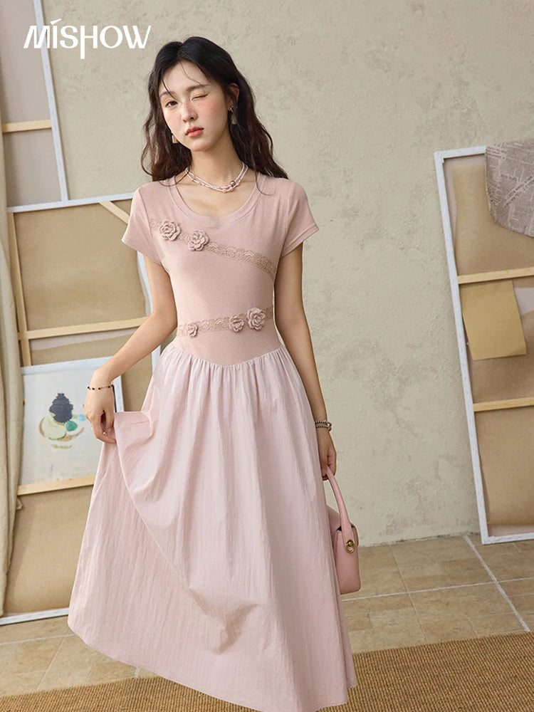 MISHOW Woven Patchwork Knitted Dress Female Summer 2025 French Waist Slim Long Dress Pink Round Neck Elegnat Dresses MXE36L2247