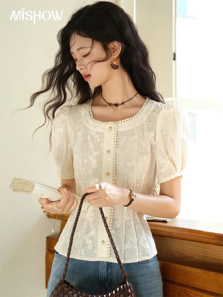 MISHOW Embroidery Cotton Shirt for Women 2025 Summer Fashion French Style Puff Sleeve Button Shirt Women's Clothing MXE39X1979