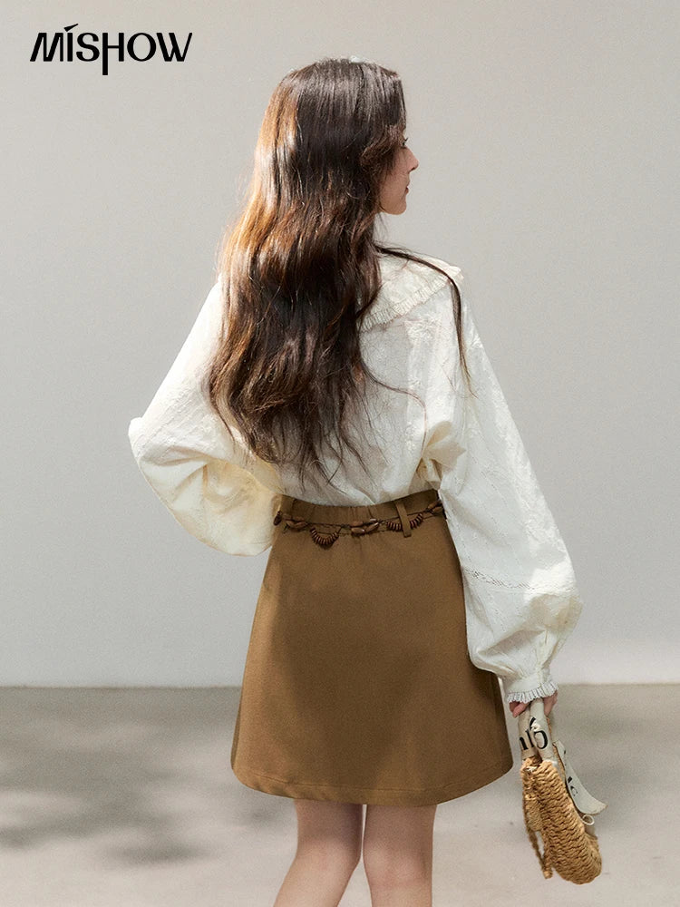 MISHOW Women's Beige Apricot Lace Shirts 2026 Spring Peter Pan Collar Micro Lantern Sleeves Top Casual Elegant Shirt MXF108C0813