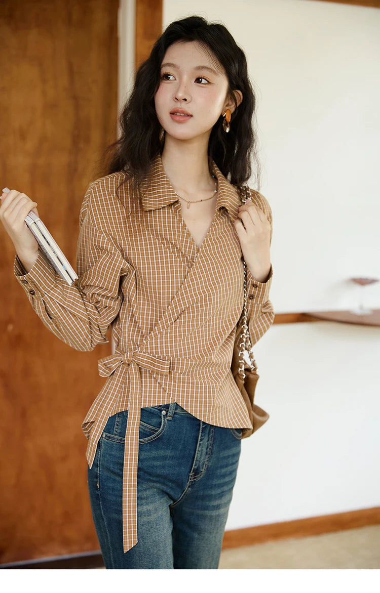 MISHOW Women's 100 Cotton Dark Orange Plaid Shirt  Autumn Design Side Waist Lace-up Long Sleeved Shirts Office Lady MXE46X2494