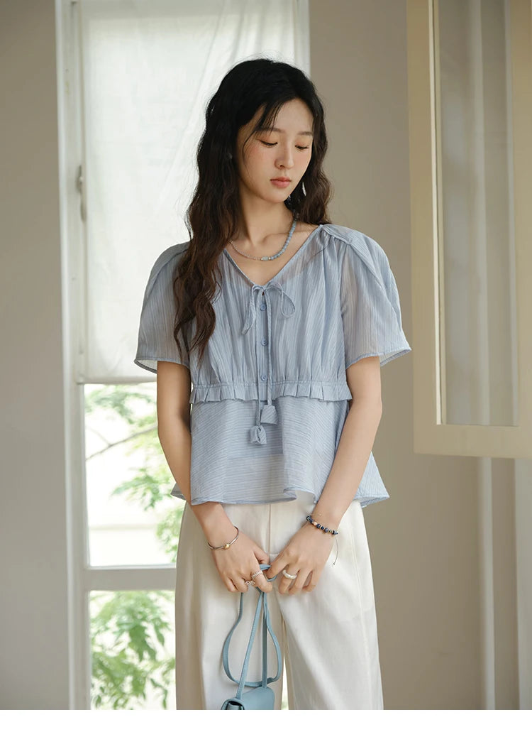 MISHOW Women's Fashion V-neck Blouse Summer 2025 New Splicing Button Commut Ladies Lace Up Casual Short Sleeve Top MXE34X1821