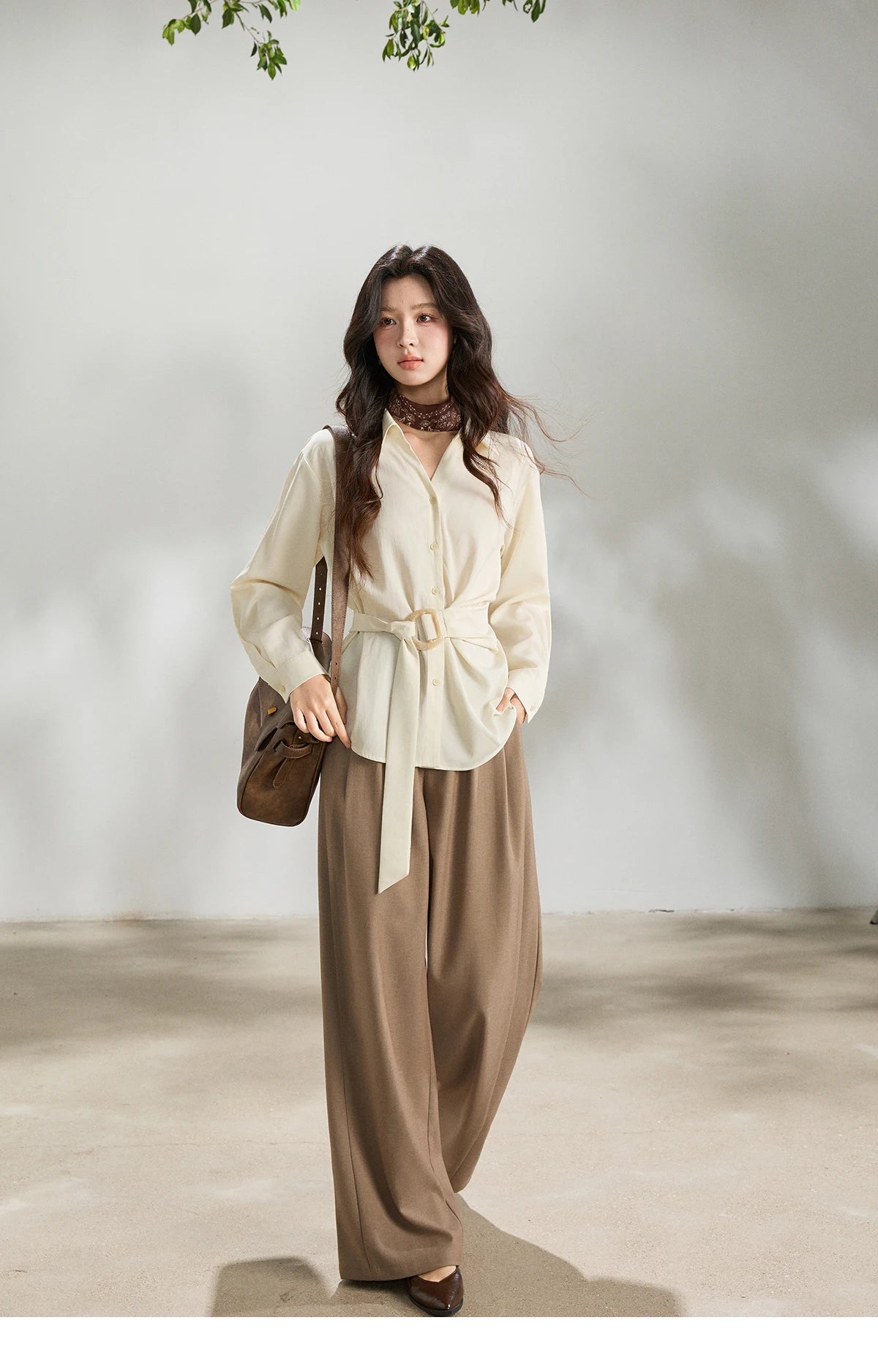 MISHOW Women's Lapel Collar Long Sleeve Shirt 2026 Spring with Belted Waist Casual Loose Soft Beige Shirt Office Lady MXF13C2452