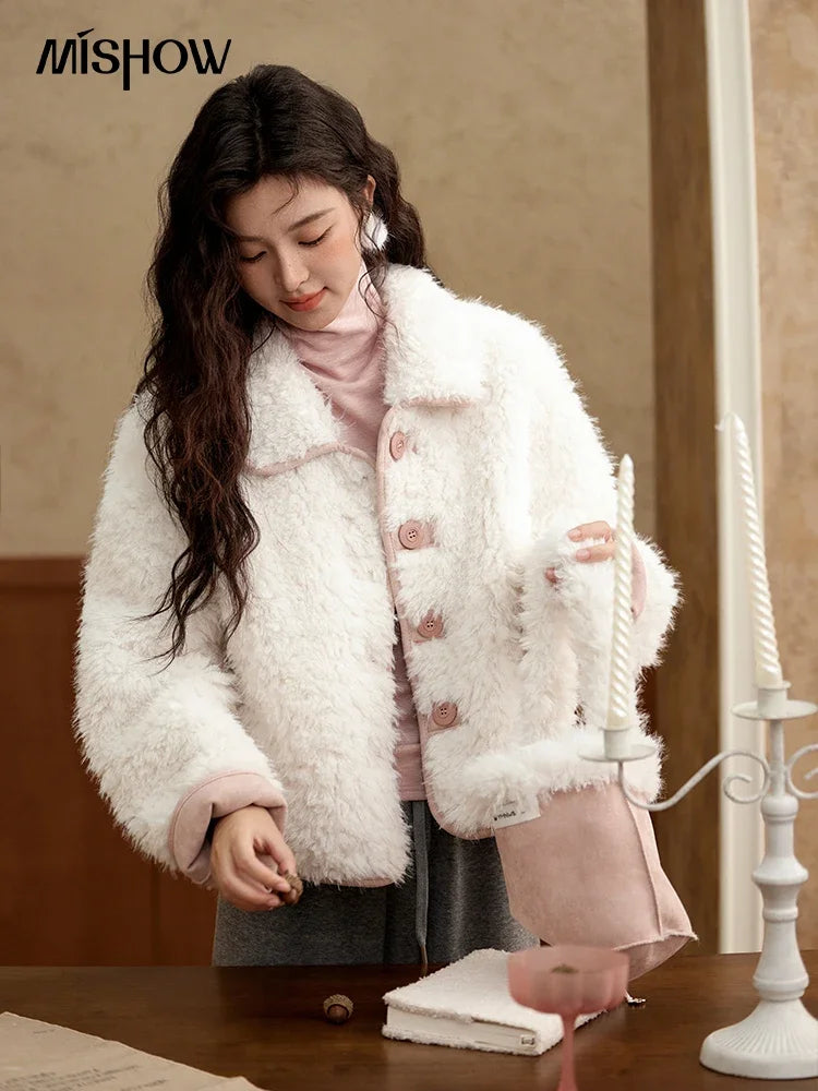 MISHOW Lamb Wool Jacket Women Suede Plush Thick Coat Spliced Turn-Down Collar Sweet Soft Senior Jacket Office Lady MXD59W0753