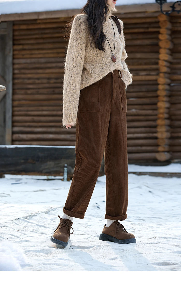 MISHOW Corduroy Pants High Waist Straight Pants Pocket Design Velvet Inside Comfortable Touch Slim Fit Office Lady MXD55K0813