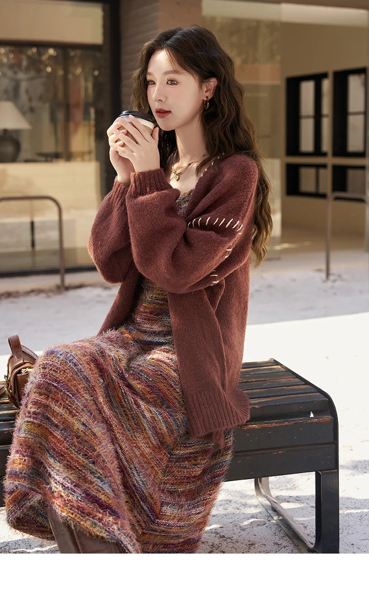 MISHOW Retro Slip Knitted Dresses Coat Separately Women Autumn Winter Sweater Cardigan Slim Knit Suspender Dress MXC59L1625