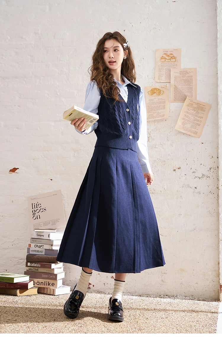 MISHOW Elegant A-line Skirt 2024 Spring Solid Preppy Style Commuter Pleated High Waist Slim Female Mid Length Skirts MXD12B0213