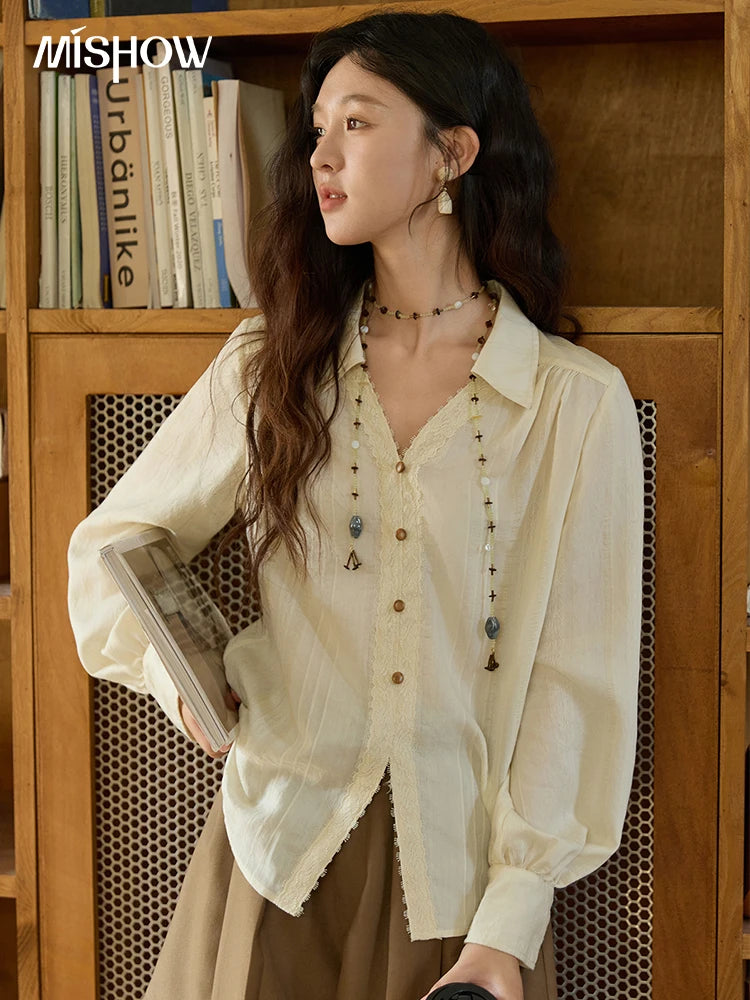MISHOW Women's French V Neck Lace Panels Shirts 2025 Autumn Elegant Long Sleeve Apricot Top Office Chic Loose Shirt MXE43X2474