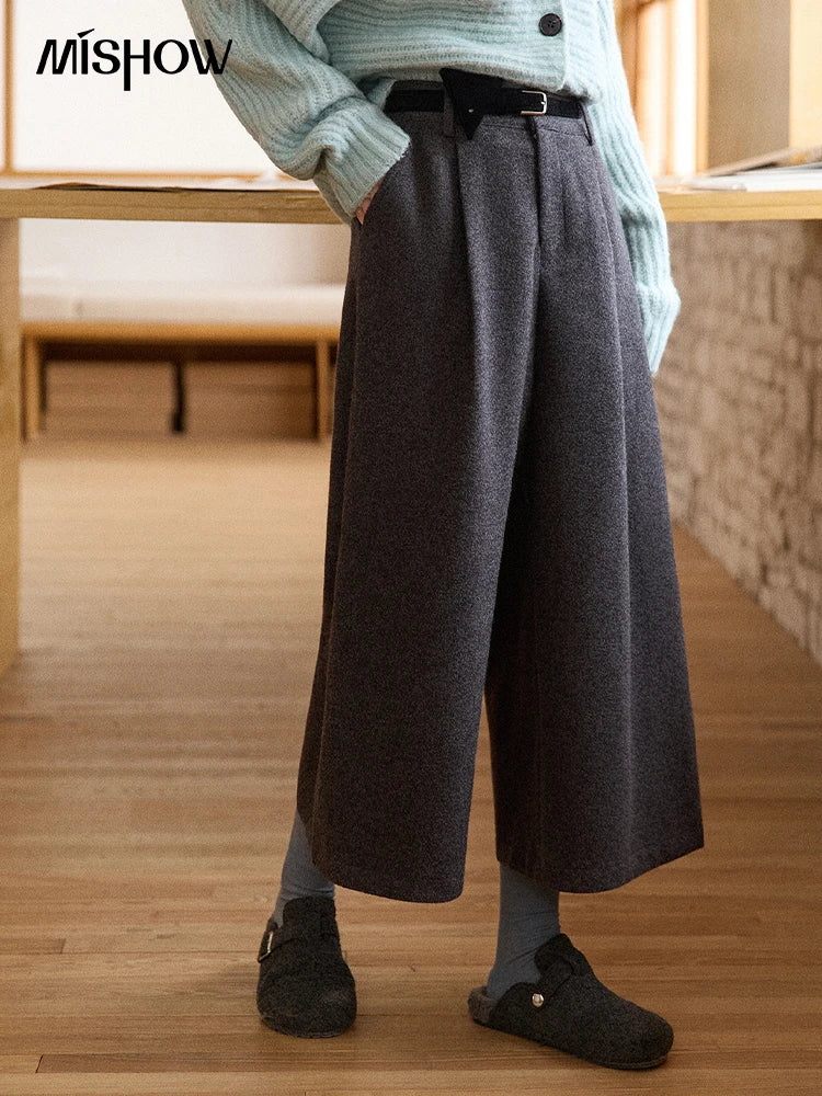 MISHOW Women's Pants 2025 Fashion Gray Wool Wide-leg Pants High-waisted Cropped Retro Style Commuting Pants Warm MXE90K1128
