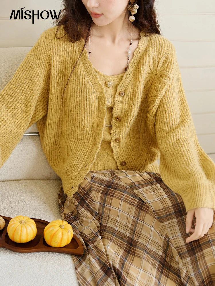 MISHOW Woman Two-piece 2025 Autumn Casual Yellow V-neck Knitted Cardigan Slim Fit Camisole Elegant Commute Top MXE45T0742