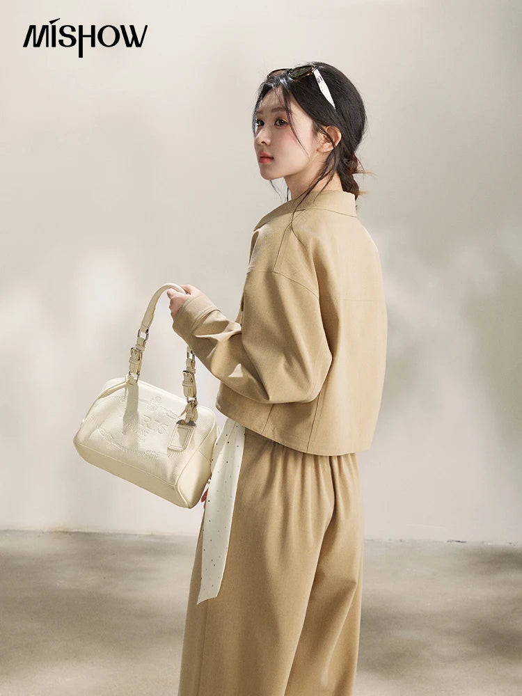 MISHOW Women's Khaki Three-Piece Set Spring Cropped Lapel Short Jacket Irregular Polka Dot Vest Wide Leg Pants Set MXF13T1478