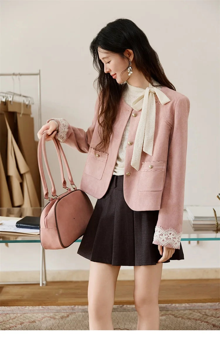 MISHOW Fragrant Suede Jacket for Women Autumn 2025 Cuffs Hollowed Out Lace Short Coats O-neck Metal Button Jackets MXE46W0839