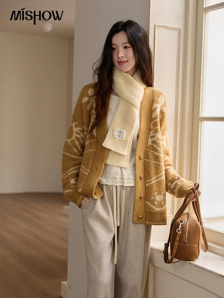 Mishow Yellow Jacquard Plant Pattern Cardigan MXE48Z2522