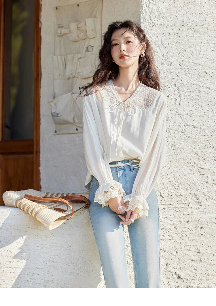 MISHOW Lace Patchwork Shirt for Women Spring 2025 V-neck with Fungus Edge Lace-up Chiffon Top Petal Sleeve Shirts MXE13X1713