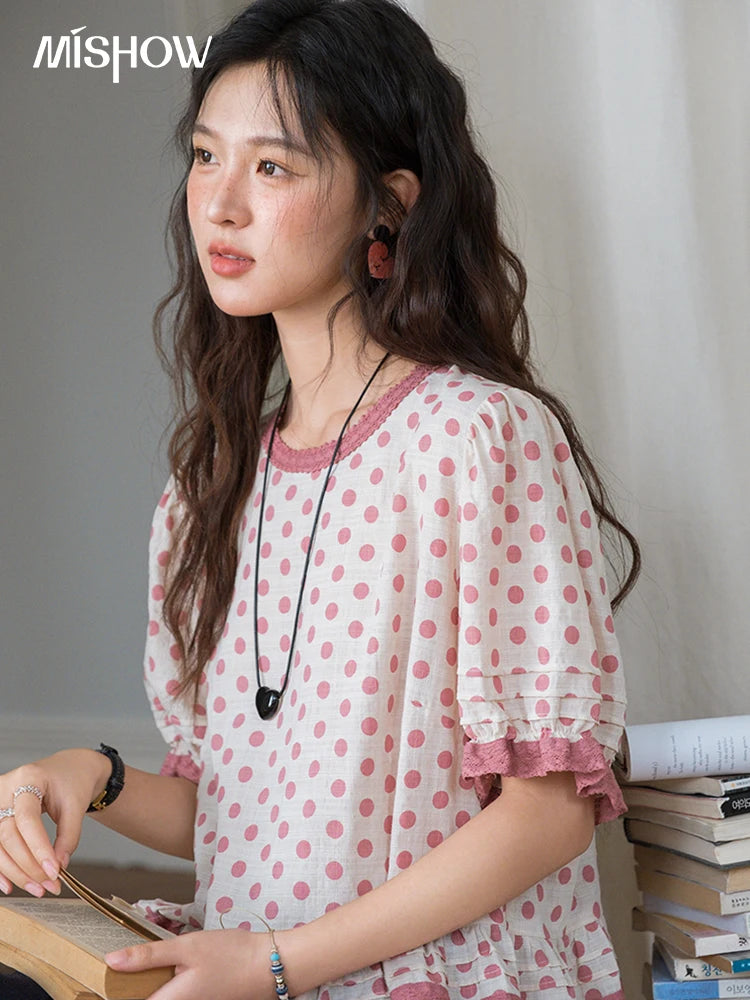MISHOW Women's Blouse Fashion Pink Polka Dot Short Top 2025 Summer Sweet Puff Sleeve Blouse Casual Female Clothing MXE37X1900