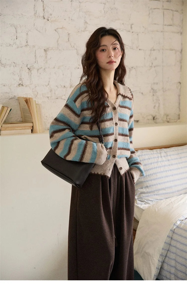 MISHOW Striped Cardigan for Women 2025 Winter Retro Unique Design V-neck Single-breasted Sweater Wool Long Sleeve Top MXE87Z2681